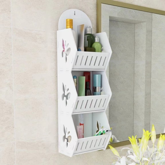 Iuhan Wall Mounted Storage Rack, 3-Tier PVC Bathroom Organizer, No Drill Shower Shelf for Living Room Kitchen Bathroom Decor, Space Saving Wall Shelf