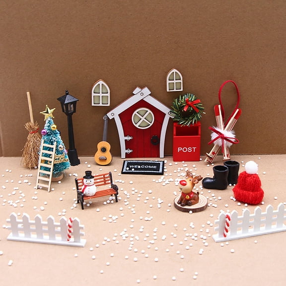 Iumwxz 1:12 Scale Mini Christmas Cabin Decor Set with Textured Plastic House Small Door Tradition Scene for Family's Holiday Tree Display Holiday Decoration with Decorated Christmas Tree