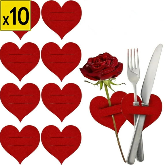 Iumwxz 10 Piece Set of Red Heart Shaped Felt Flatware Holders Cutlery Bags for Valentine's Day Table Decor Utensil Pockets for Knife Fork Spoon Party Wedding Dinner Tableware Covers
