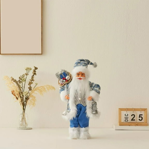 Iumwxz 12 Inch Standing Santa Claus Doll Christmas Decoration for Tabletop Mantel or Shelf Display Blue Polyester Figurine with Festive Details Holiday Gift