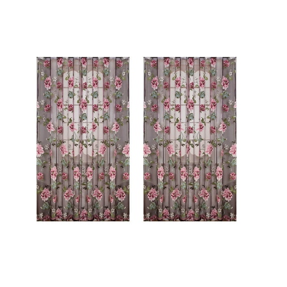 Iumwxz 2pcs Peony Pattern Sheer Voile Curtains for French Doors & Windows, 200cm x 100cm, Soft Light Filtering with Hanging Lace Trim for Bedroom & Living Room Decor
