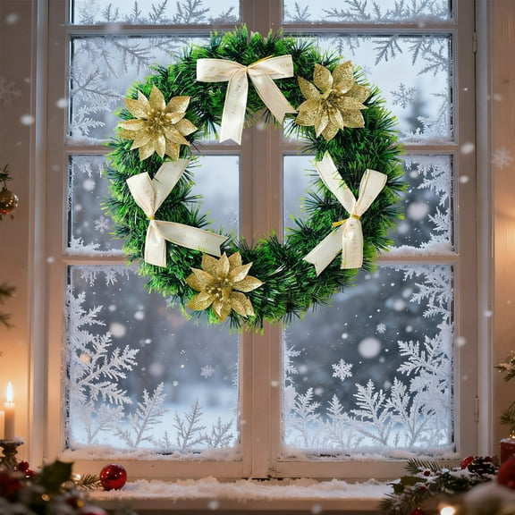 Iumwxz 30cm Gold Glitter Christmas Wreath with Poinsettia Flowers and White Satin Bow for Door Window Wall Holiday Decorations Indoor Outdoor Festive Ornament