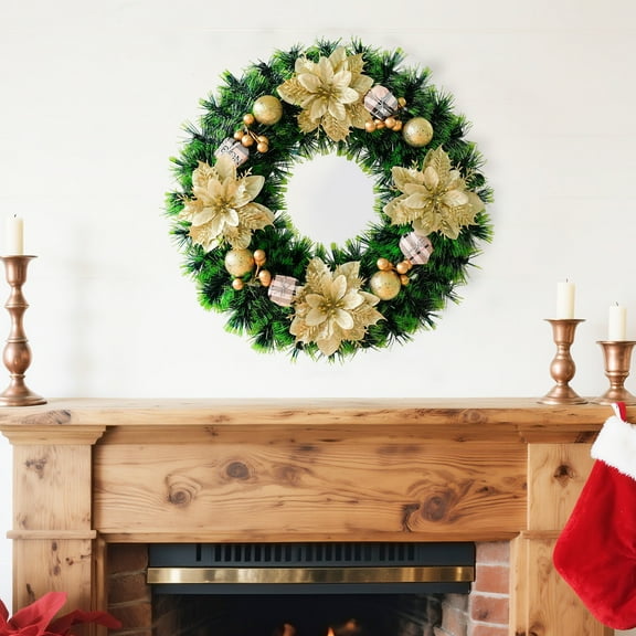 Iumwxz 40cm Christmas Wreath with Red Flowers and Gold Berries for Door Wall Window Holiday Decorations Festive Green Pine Needle Plastic Wreath with Gift Box Ornaments