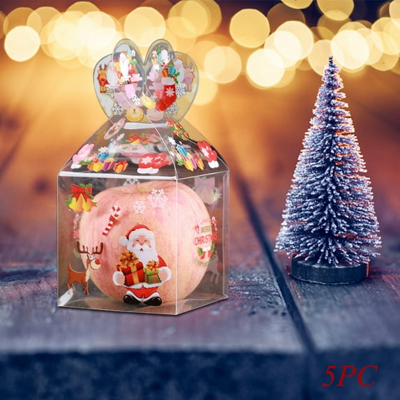 Iumwxz 5pcs Clear Candy Apple Boxes with Cute Pattern,Christmas Eve Safe Fruit Box Christmas Gift Box Candy Box Christmas Gift for Xmas Decorations Candy Apple Kit 3.34x3.34in