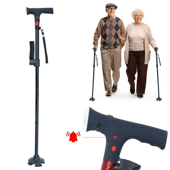 Iumwxz Aluminum Alloy Four Legged Walking Cane with Red Alarm Elderly Walking Aid Durable & Removable and Foldable Rotating with Led Light Walking Cane Fix for E Christmas