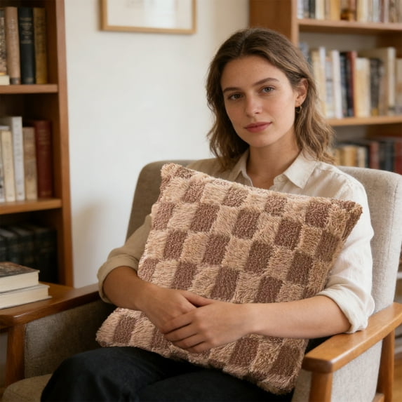 Iumwxz Checkerboard Textured Decorative Pillow Cover, 45x45cm Soft Polyester Fabric with Zippered Opening for Sofa or Bedroom, Gentle Fuzzy Texture and Layered Visual Appeal