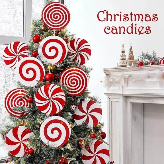 Iumwxz Christmas Decor Set of 4 Large Peppermint Swirl Candy Ornaments 8 Inch Red and White Holiday Tree Decorations for Festive Home and Office Display