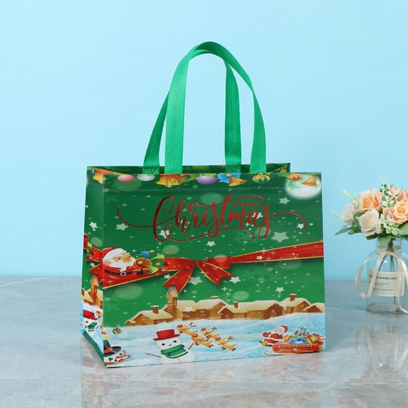 Iumwxz Christmas Gift Bags 5 Pack Portable Folding Tote Bags with Festive Holiday Patterns Coated Non Woven Fabric Reusable for Gifting Shopping Travel