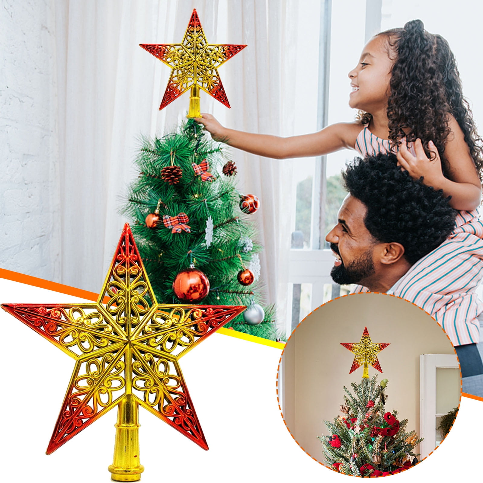 Iumwxz Christmas Tree topper Star, Red Gold Exquisite Hollow Five Point Star Christmas Tree topper,for Christmas Tree Hang Decorations Xmas Ornaments Tree topper Plastic