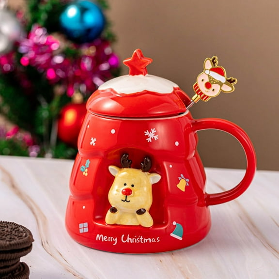 Iumwxz Christmas decorations coffee cups Ceramic Mug Cute With Spoon Lid and handle Large Capacity Household Ceramic Water Cup coffee cups multicolor home decor christmas clearance outdoors indoor