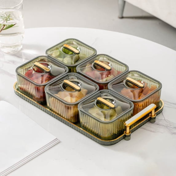 Iumwxz Clear Plastic Snack Tray with 6 Removable Storage Boxes and Lids for Candy Nuts Dried Fruit Appetizers Party Serving and Pantry Organization