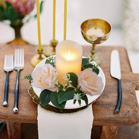 Iumwxz Deals Rose Candle Wreath Artificial Silk Flower Ring Leaf Candle Wreath Wedding Valentine Day Party Table Candlestick Decorations Valentine'S Day Gifts for Her and Him