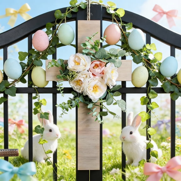 Iumwxz Easter Decoration Artificial Flower Cross with Roses and Daisies Wooden Base 44 x 22 x 4 cm for Home Mantel Table Centerpiece or Spring Gathering Decor