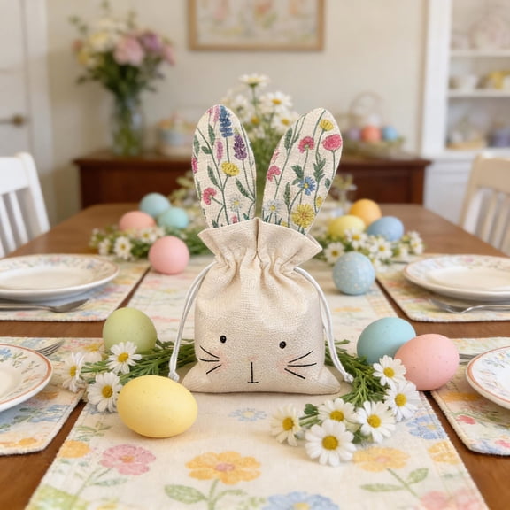 Iumwxz Easter Gift Bag with Bunny and Egg Pattern, Drawstring Closure Imitation Linen Fabric Bag for Holiday Party Decorations and Small Item Storage, White Polyester Bag 7 x 4 Inches