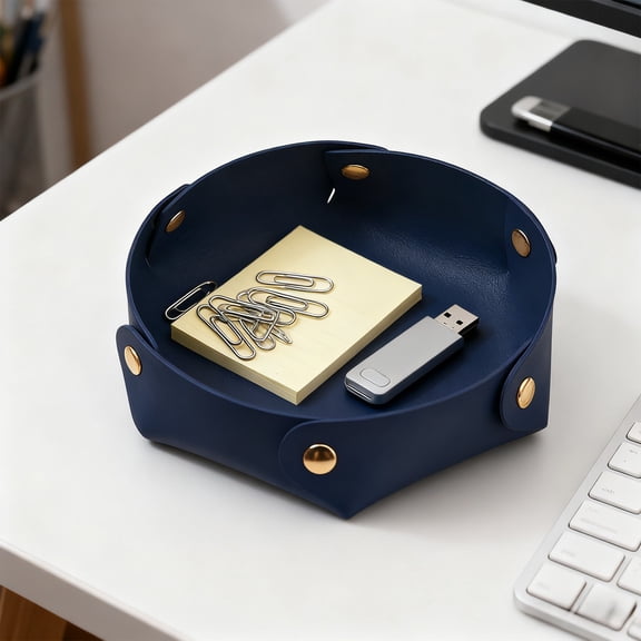 Iumwxz Faux Leather Storage Tray Foldable Multipurpose Organizer Box for Desk Vanity Entryway Nightstand 4.92 Inch Diameter Portable Space Saving Design with Gold Foil Accents Ideal for Home Office