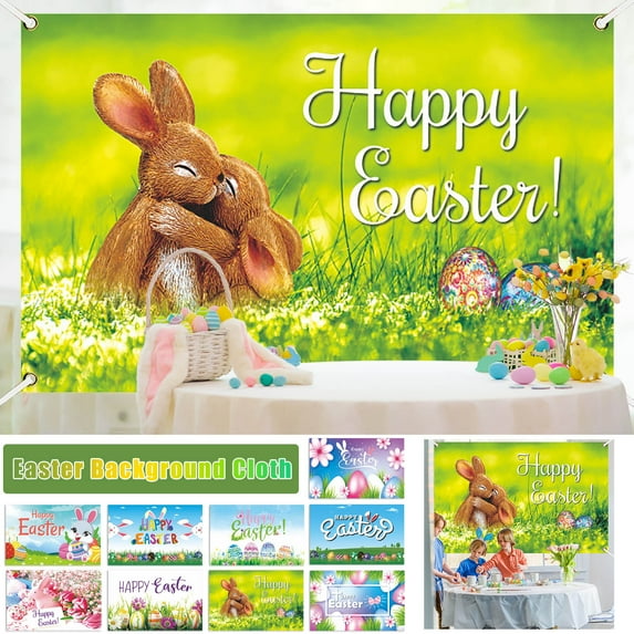 Iumwxz easter bunny Easter Banner Holiday Decorations Eggs Bunny Banner Cloth Holiday Party Photo Background easter gifts for kids B Polyester cloth