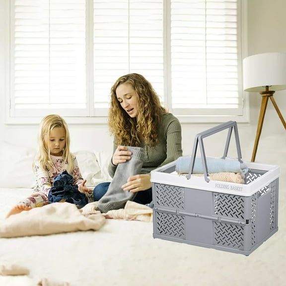 Iumwxz Foldable Storage Bin Organizer Box with Handle Stackable Plastic Container for Closet Laundry Kitchen Office Semi Transparent Gray 12.2x9x8.2 Inches