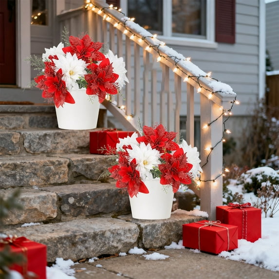 Iumwxz Glitter Christmas Poinsettia Artificial Flowers Set of 2 for Home Decor Vase Arrangements Indoor Holiday Decorations No Watering Needed Realistic Looking