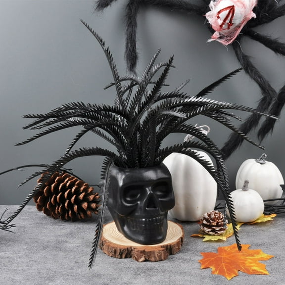Iumwxz Halloween Decor Artificial Pine Skull Plant Pot Plastic Black 11x11x4.3 Inch Indoor Porch Home Decoration for Table Party Office Holiday