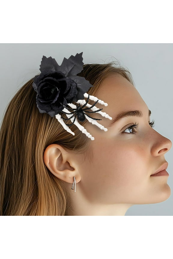 Halloween Decor Black Rose Bone Claw Hair Clip Ornament Spooky Skull Ghost Hand Side Hair Accessory for Women Girls Party Costume Decoration
