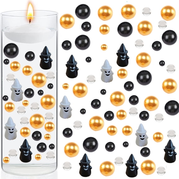 Iumwxz Halloween Vase Filler Set with Floating Candles Water Gel Beads Ghosts Pearls for Spooky Centerpiece Decorations Party Table Settings