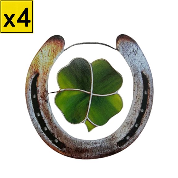 Iumwxz Irish Four Leaf Clover Metal Ornament, Horseshoe Shape Wall Art Decor with Green Crystal Leaves, Symbol of Luck for Home Desk Shelf Windowsill Decoration