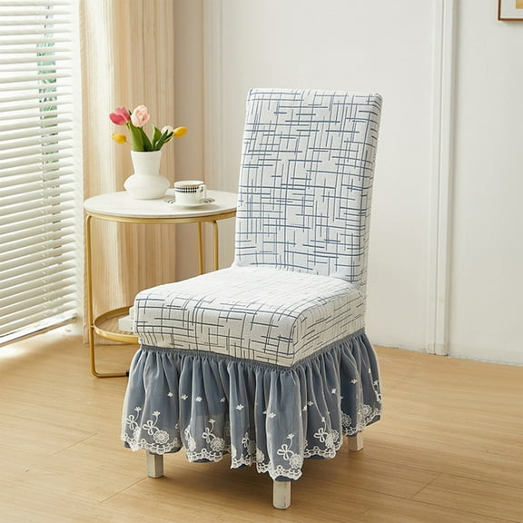 Iumwxz Jacquard Dining Chair Covers with Skirt High Elasticity Polyester Fabric Thickened Elastic Ring for Snug Fit Blue Pleated Design for Home Decoration Weddings Parties and Formal Dinners