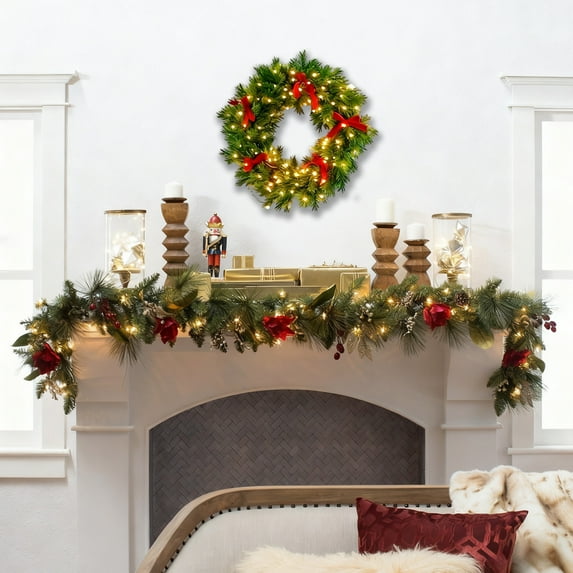 Iumwxz Large Artificial Christmas Wreath for Front Door 30" Green Winter Wreath with Grapevine Base for Indoor Outdoor Holiday Decor Windows Walls Fireplace Home Decorations