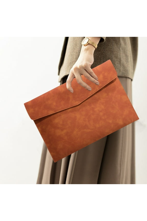 Leather File Folder Bag for A4 Paper with Magnetic Lock Closure Waterproof Sewn Construction Horizontal Opening for Easy Access Brown Artificial Leather Briefcase for Office Documents