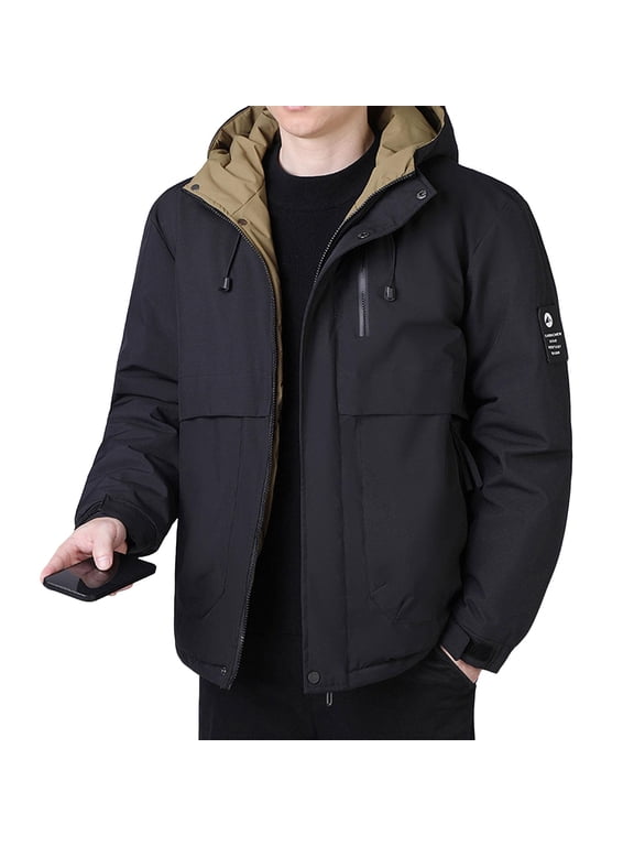 Men's Hooded Padded Jacket, Wind Resistant Water Repellent Thermal Insulated Outdoor Coat, Full Length Zipper with Snap Button Closure, Adjustable Hook and Loop Cuffs, Drawstring Hood and Hem