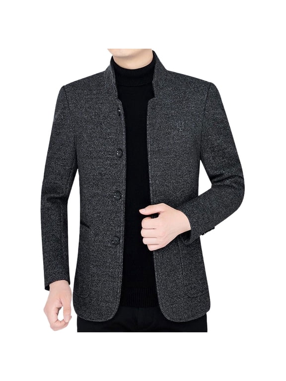 Men's Mandarin Collar Jacket, Single Breasted with Three Buttons, Two Side Insert Pockets, Button Cuff Long Sleeves, Curved Hem for Autumn Winter Casual