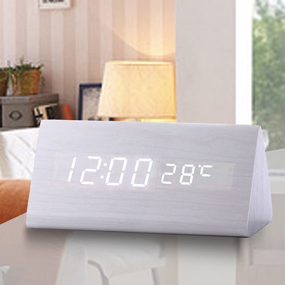 Iumwxz Modern Digital Alarm Clock with LED Display, Day of Week, Temperature and Humidity, Three Sets of Alarms, Adjustable Brightness, Voice Control Acoustic Sensor, Timer Date Display for Home