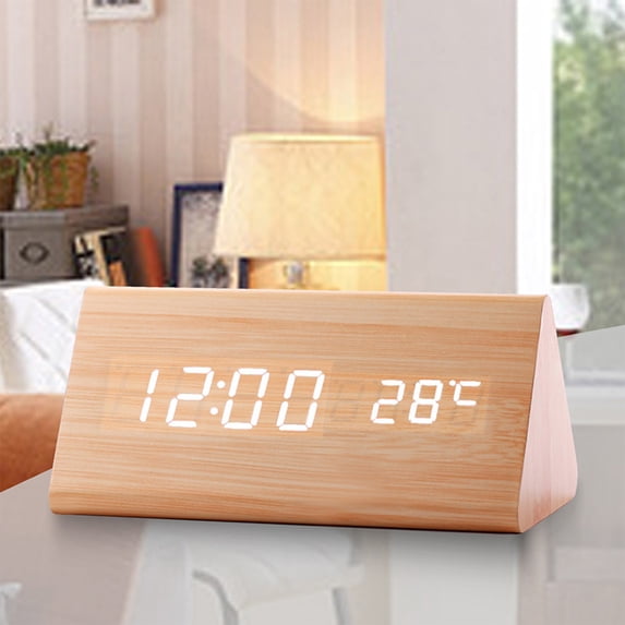 Iumwxz Modern Digital Alarm Clock with LED Display, Day of Week, Temperature and Humidity, Three Sets of Alarms, Adjustable Brightness, Voice Control Acoustic Sensor, Timer Date Display for Home