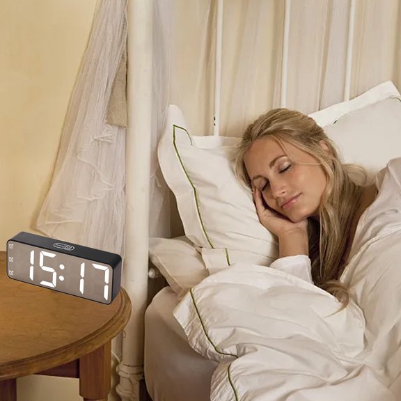 Iumwxz Multifunction Mirror Clock with LED Display, Large Font Bedside Alarm Clock with Date and Temperature Display, Voice Activated Night Mode with 3 Speed Brightness Adjustment