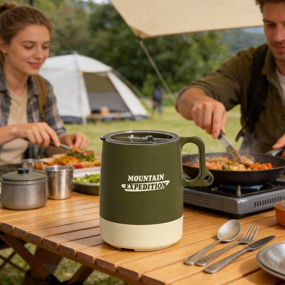 Iumwxz Outdoor Travel Coffee Cup, Portable Hanging Camping Mug with Handle and Hole for Backpack, Shatter Resistant Plastic PP Material for Hot Drinks, Compact Design for Solo Use