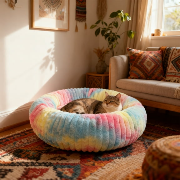 Iumwxz Polyester Plush Fabric Pet Kennel Bed, Enclosed Ribbed Design for Security, Non Shift Base for Slick Floors, Supportive Puffy Filling, 40x40cm Size for Cats and Small to Medium Dogs