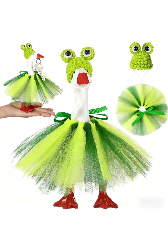 Porch Goose Outfits Frog Costume Set for 7 Inch Mini Desk Geese with Green Tutu Dress Frogs Knitting Hat Adjustable Magnetic Statue Key Holder Decor Party Photo Prop