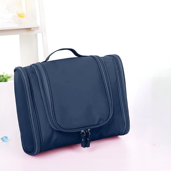 Iumwxz Reduced Price Portable Hook Large Capacity Three-Open Cosmetic Bag with Zipper Makeup Bag Travel Cosmetic Storage Bag Cosmetic Bag Oxford Cloth Solid Navy 9.44x4.13x8.07in