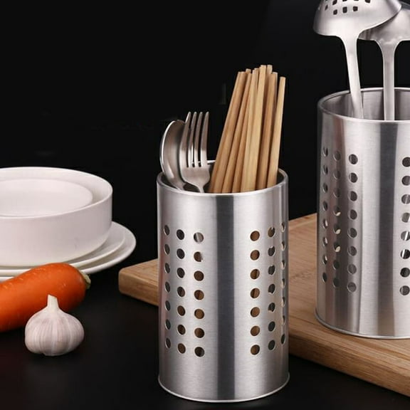 Iumwxz Stainless Steel Cutlery Storage Bucket with Ventilation Holes for Kitchen Utensil Organization White Metal Tableware Holder for Knives Forks Spoons Straws