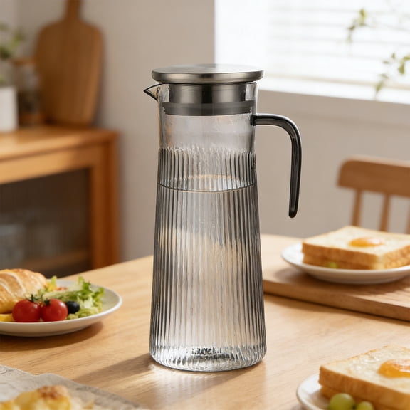 Iumwxz Striped Cold Water Pitcher with Stainless Steel Lid, 1 Quart Capacity for Iced Tea and Beverages, Heat Tolerant Plastic Container with Integrated Handle for Refrigerator and Party Serving