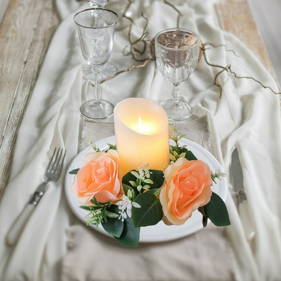 Iumwxz Today Discount Rose Candle Wreath Artificial Silk Flower Ring Leaf Candle Wreath Wedding Valentine Day Party Table Candlestick Decorations Valentine'S Day Gifts for Her and Him