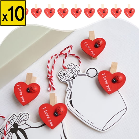 Iumwxz Valentine's Day Wooden Heart Shaped Clips Set of 10 Red Rustic Style Photo Holders for Wedding Decor and Crafts Birch Wood Clip Size 3.5x3x3cm