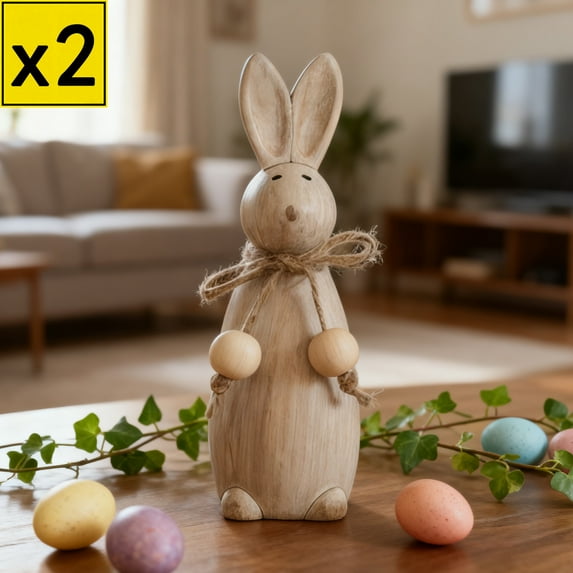 Iumwxz Vintage Style Solid Wood Easter Rabbit Figurine Ornament with Rope Bow Tie and Wooden Beads Distressed Finish Home Decor 14.5cm High Decorative Gift