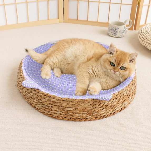 Iumwxz Wicker Pet Bed with Cushion, Rattan Woven Dog Blanket for Indoor Pets, Wood Material Pet Sleeping House, Decorative Pet Bed for Living Room Hallway