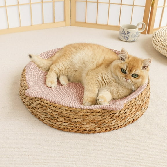 Iumwxz Wicker Pet Bed with Cushion, Rattan Woven Dog Blanket for Indoor Pets, Wood Material Pet Sleeping House, Decorative Pet Bed for Living Room Hallway
