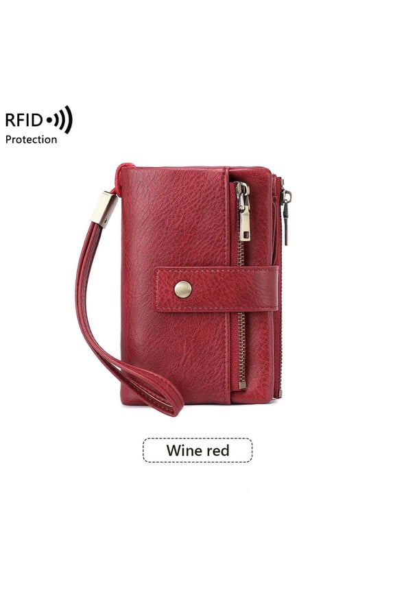 Women's RFID Blocking Leather Wallet with Detachable Wrist Strap, Multi Functional Three Fold Short Style Vintage Large Capacity Coin Purse for Daily Commuting and Travel