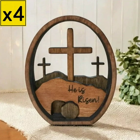 Iumwxz Wooden Easter Cross Ornament Handmade Multi Layer Stacked Structure with Ribbons Small Eggs Floral Details Tabletop Shelf Decor for Home Church Spring Decorations