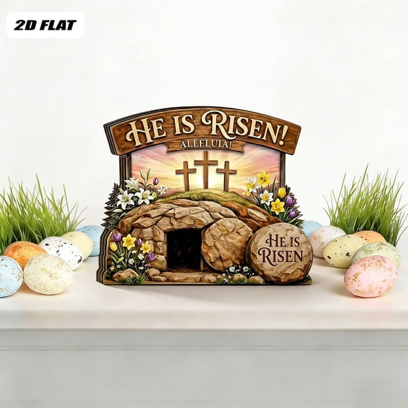 Iumwxz Wooden Easter Resurrection Scene with Three Crosses He Is Risen Engraved, Solid Wood Tabletop Decorative Display for Home Mantel Desk Bookshelf