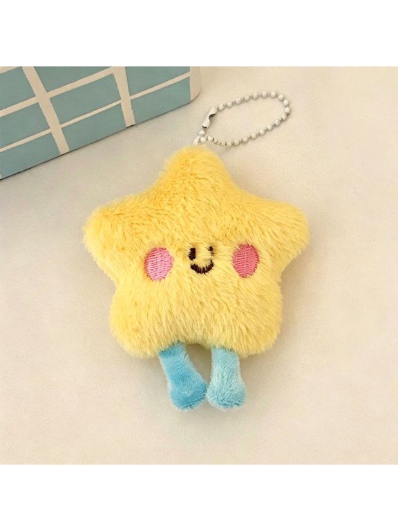Yellow Star Keychain with Blue Legs, Soft Plush Smiling Face, Stress Relief Squeeze Decor, with White Bead Chain for Bag Purse Keyring