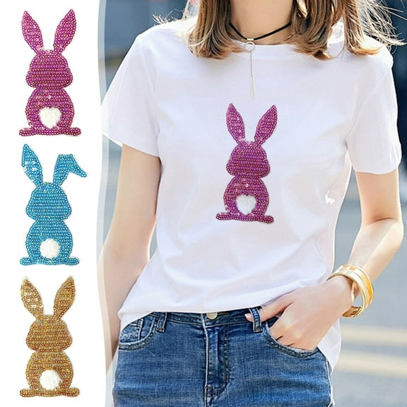 Iumwxz easter bunny Iron Patches Glitter Sweatshirt Side Bow Embroidered Patch Cute Sequin Applique Sew Fabric Patches Shiny DIY Decorative Accessories Lovely For Girls Wome Yellow,Spandex